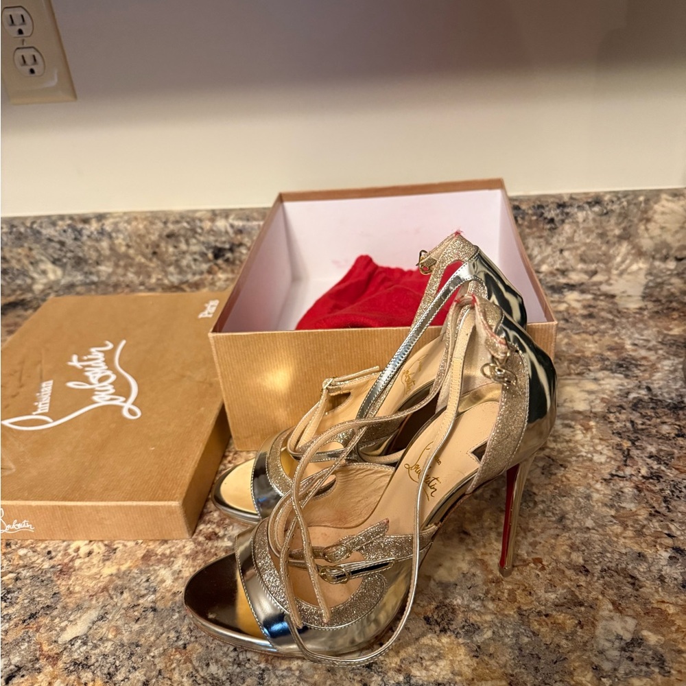 Christian Louboutin Gold and Silver Metallic Strappy High Heels - Picture 5 of 12